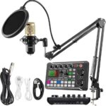 ميكروفون بودكاست BM-800 مع مجموعة بطاقات صوت حية، ميكروفون مكثف مع لوحة صوت مبدل صوتي ميكسر دي جي، حزمة معدات المدونات الصوتية للكمبيوتر والموبايل الذكي للتسجيل والبث في الاستوديو