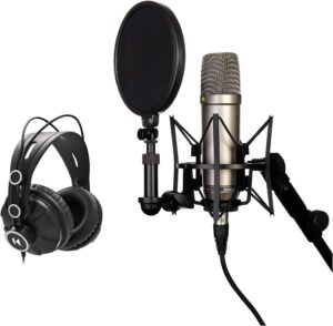 حزمة ميكروفون مكثف صوتي للذكرى السنوية من رود مع سماعات رأس نوكس طراز NT1A عبوة عنصرين XLR أسود